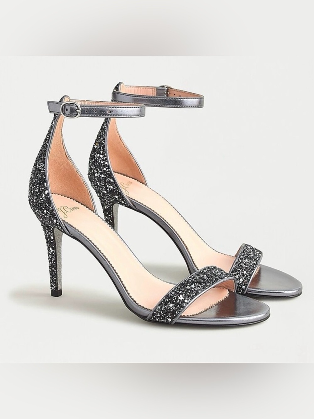 NEW - J. Crew Riley Sandal Stiletto Heels Silver Gunmetal Glitter Size 9.5 NIB